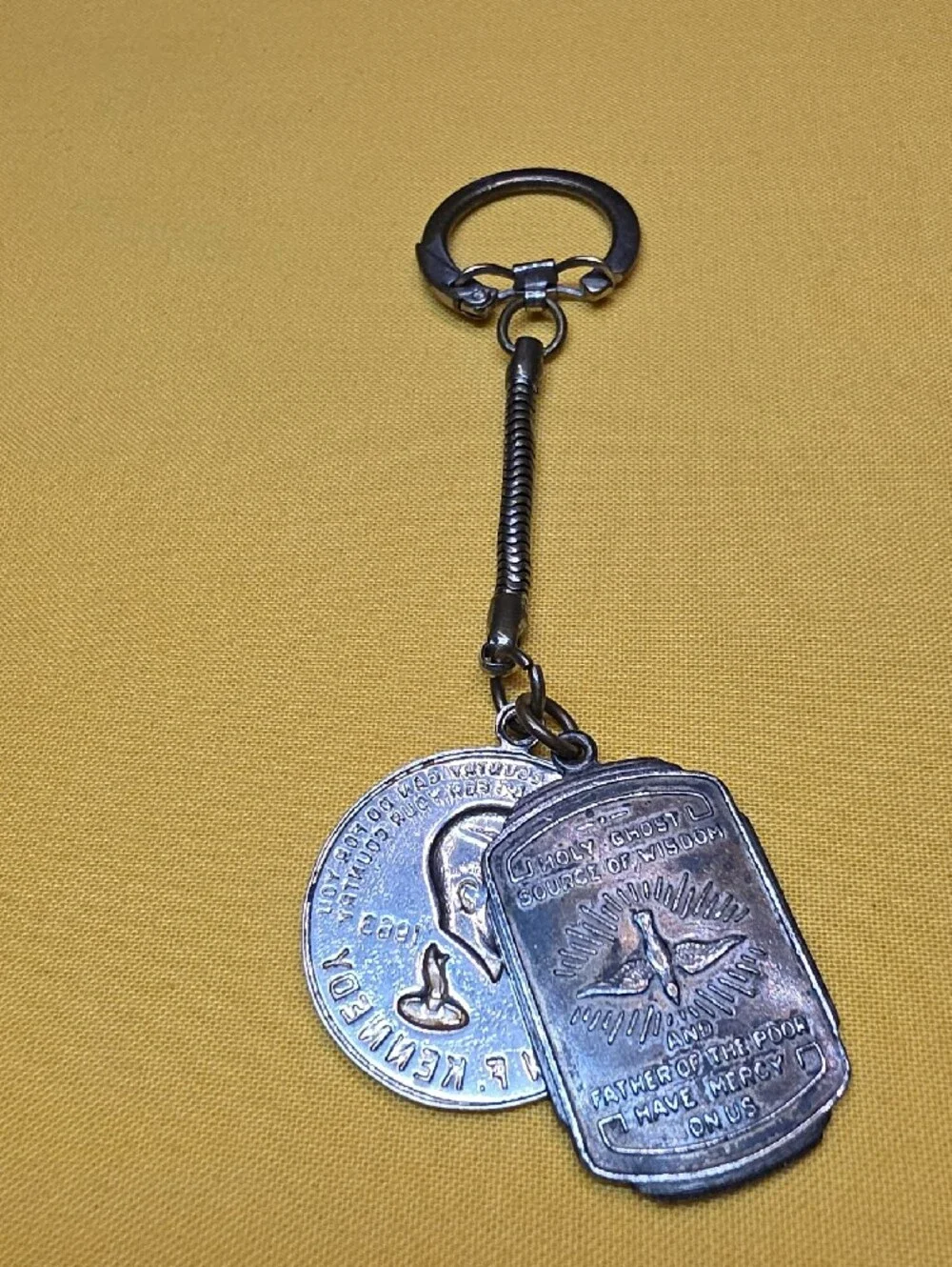 Vintage JFK Memorial & St Therese Shrine Medal Snake Chain Keychain 1960s